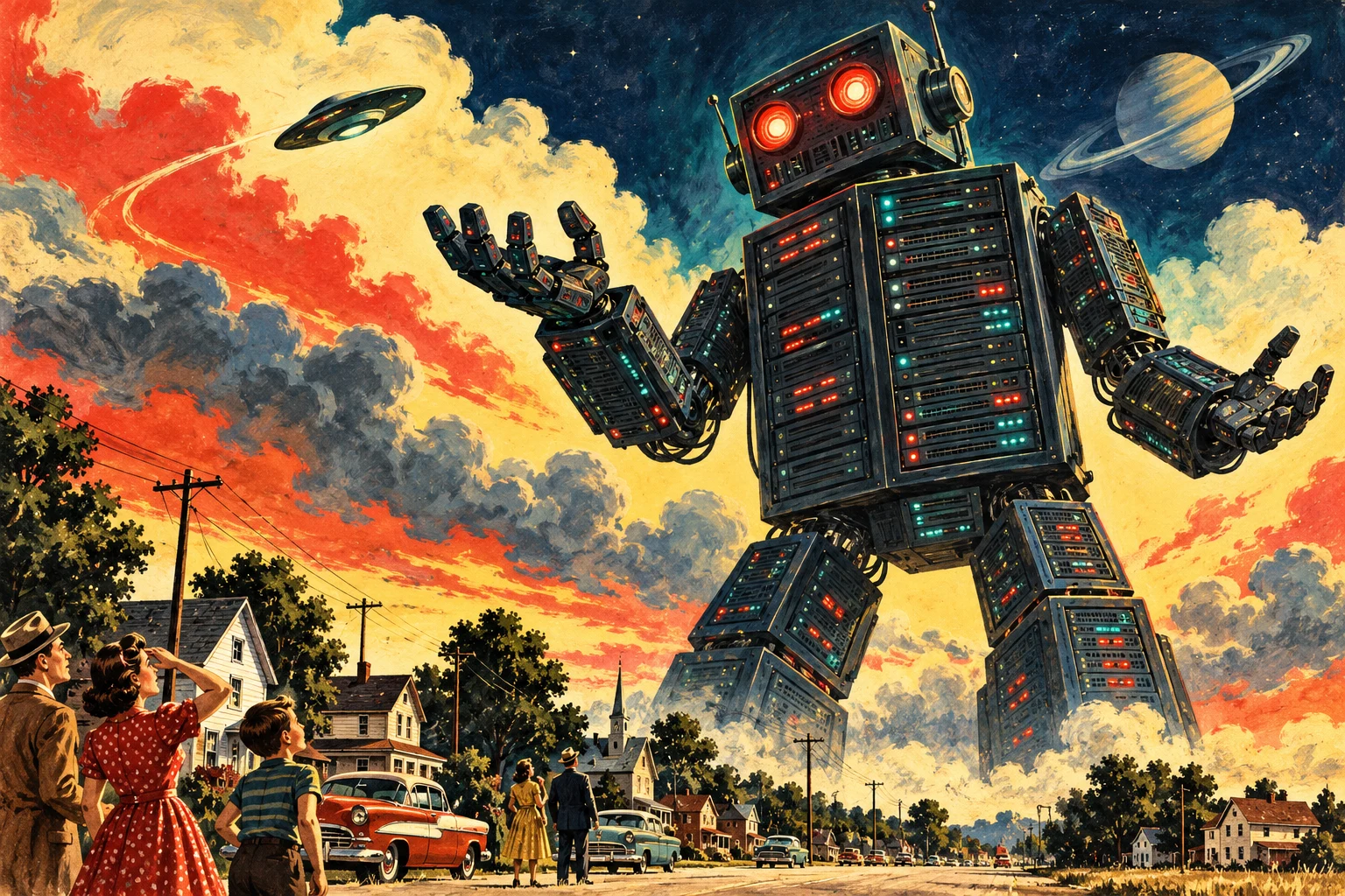 A fictional server-rack robot towers over a 1950s town in a painted science-fiction poster